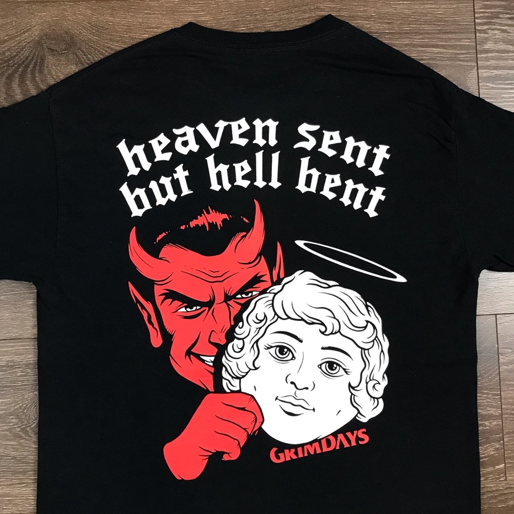 Grim Days Heaven Sent But Hell Bent Men’s Devils & Angels Black T-Shirt Size M - Picture 2 of 7